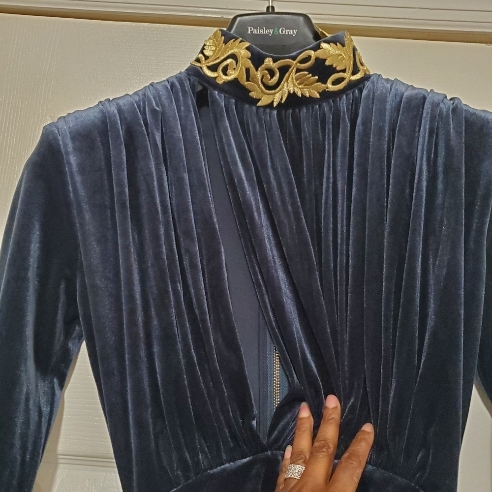 NWT Women's Blue Velvet Ruched Mini Dress with Dramatic Side Drape Size XXS - Picture 5 of 12